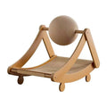 Wooden A-frame cat scratcher lounge with large spinning corrugated cardboard ball